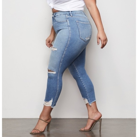 NWT Good American Good Curve High Rise Skinny Crop Distressed Jeans in Blue411 - Picture 5 of 10